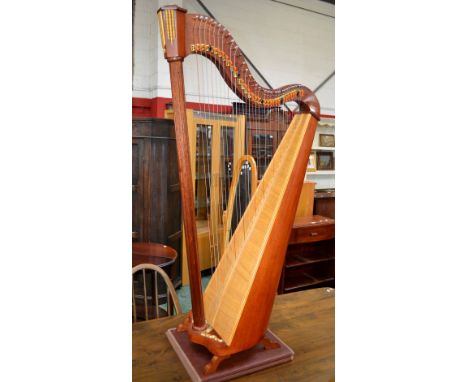 A Cyril Bloom mahogany folk harp, Minstrel, 4' 6" in height, 34 strings, sharpening levers with custom made insulated travel 