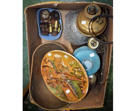Metalware - a set of grocer's scales with weights; a hanging oil lamp; two further oil lamps; a moulded wall plaque etc