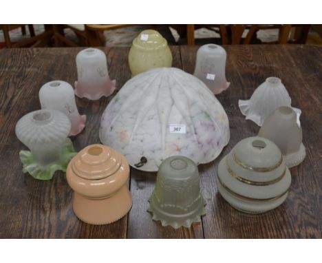 Glass light shades to include Art Nouveau, frosted glass, Art Deco style, various colours; a large hand painted centre ceilin
