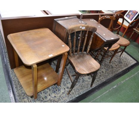 An oak barley twist table; an Art Deco style tea trolley; an elm country kitchen chair; a small display cabinet; two other ch