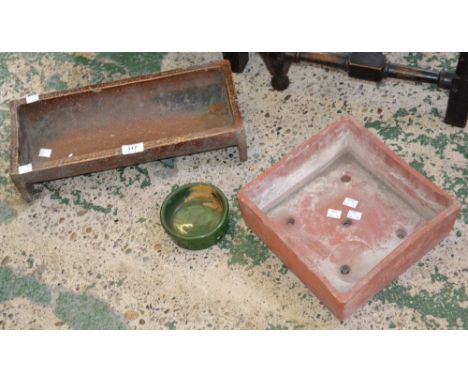 A ceramic trough; a dog bowl; a terracotta planter by Sankey & Sons of Bulwell. (3)