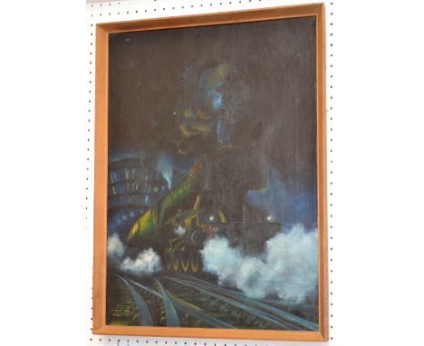 J E WigstonSteam Engine at Nightsigned, oil on canvas, 54cm x 39.5cm