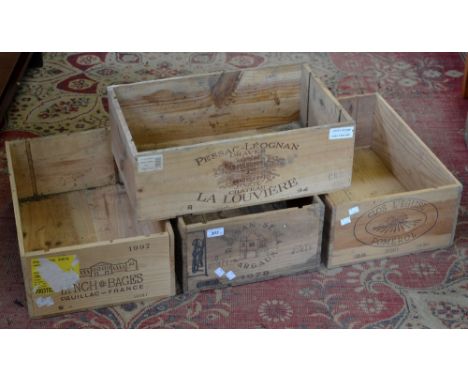 Advertising - four wine crates - Chateau La Louviere; Clos L'Eglis Pomerol; Lynch Bages; Rausan-Segal.