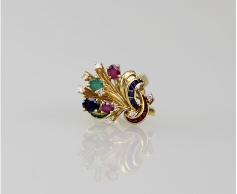 Buquet - RingGelbgold 18kt., schmale Schiene mit leicht geteilten Schultern, asymmetrischer Aufbau in Form eines Blumenbuquet