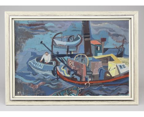 Vogel, Gunther (Karlsruhe 1929 - 1988 Titisee - Neustadt)Gemälde "Rheinhafen in Mainz", Öl auf Malkarton, zwei Boote auf dem 
