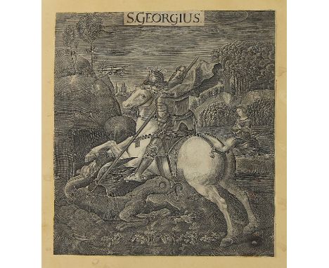 Niederländischer Meister des 16./17. Jhd.Kupferstich "S. Georgius" auf feinem Papier, der Heilige Georg zu Pferd mit seiner L