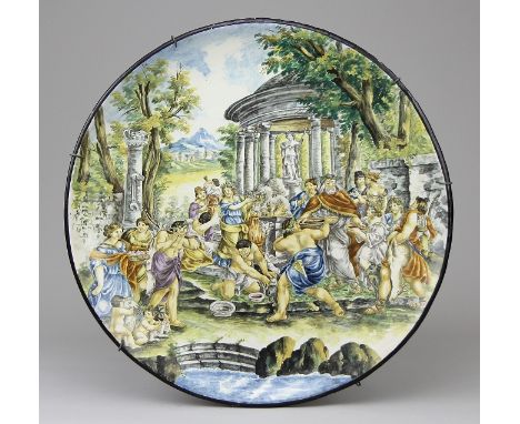 Große Istoriati - Platte "Das Gastmahl des Dionysos"Cremefarbene Majolika auf gelblichem Ton farbig bemalt und matt glasiert,