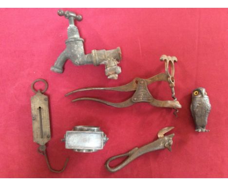 A Lunds patent lever corkscrew; a Special pocket spring balance; a vintage can opener etc.
