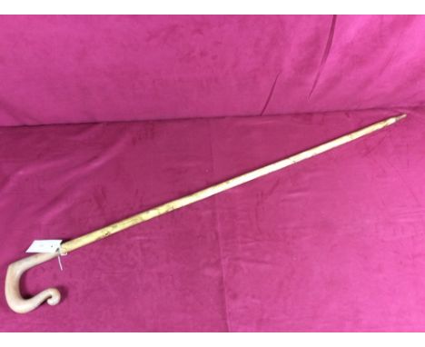 A walking stick with carved wooden scroll handle