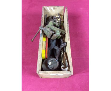 A box of leather working tools; miniature vice; antique key etc.