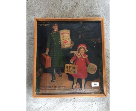 A framed coloured advertising print for "Dee &amp; Ess Cocoa Essence", manufactured by the Mazawattee Tea Company
