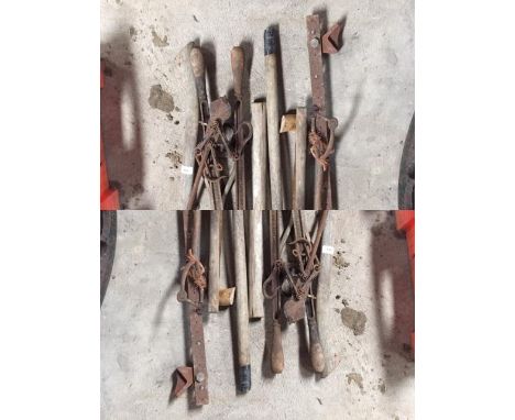 A collection of various long handled tools to include steel yard, axe, fork etc.
