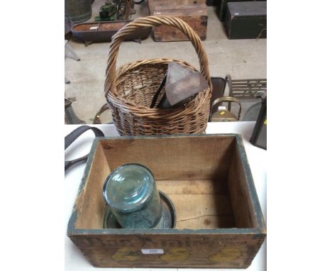 A vintage chicken feeding trough; a wicker egg basket; drinker for 2lb jam jar etc.