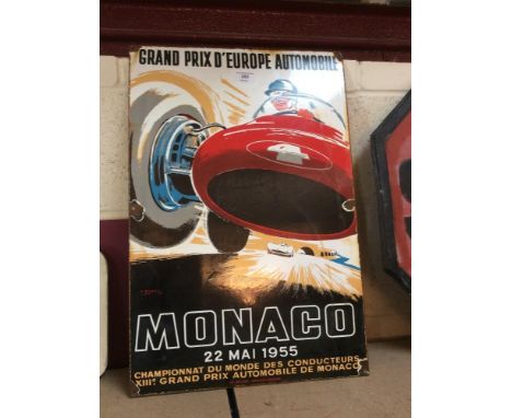 An advertising sign for "Grand Prix d'Europe Automobile, Monaco, 22nd May 1955", 61cm x 41cm