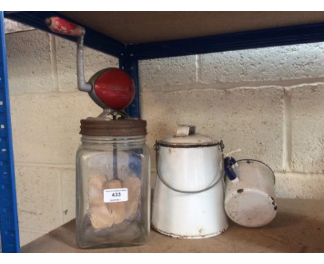 A Blow butter churn; an enamel  can and a mug