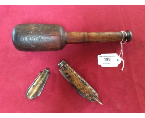 A blood stick; and two horseman's pen knives - one with an inset and one with fleam blade (3)