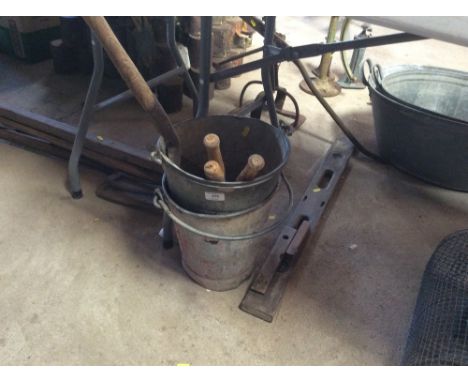 Two vintage galvanised pails; and a collection of tools and levels