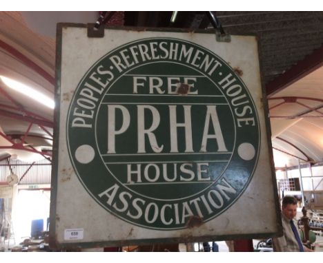 An enamel double sided sign for "PRHA" (Peoples Refreshment House Assoc.)