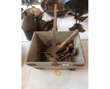 A wooden trug and contents of various hand tools