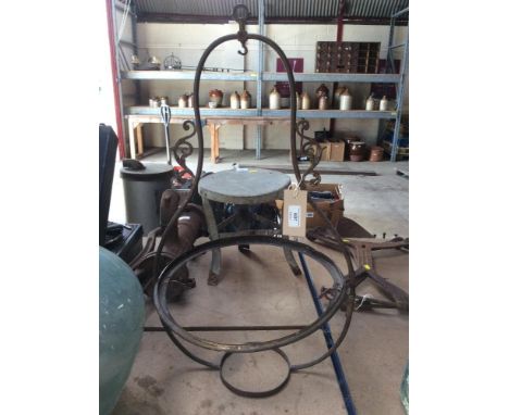 An iron and brass hanging lamp frame