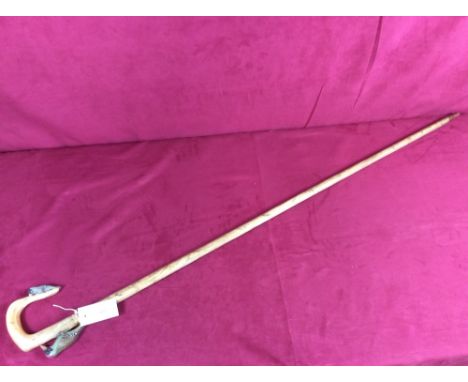 A walking stick with carved woodpecker decoration to the horn handle