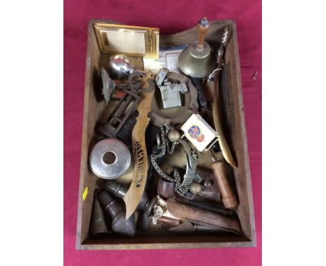 A collection of various miscellaneous items to include a vintage metal corkscrew,  a brass hand bell with turned wooden handl
