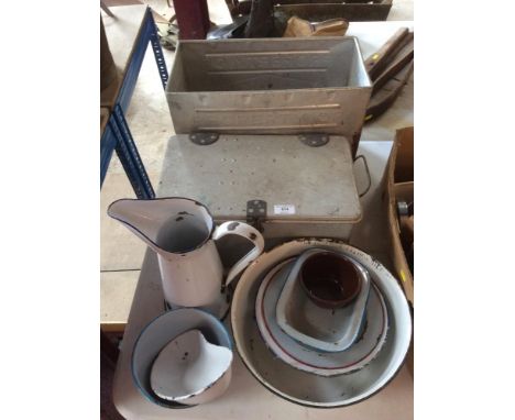 A quantity of enamel ware; aluminium ice cream box; another similar etc.