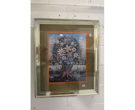 An unusual colour print "Flowers in a Tree Stump".