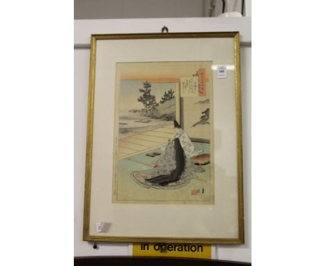 Japanese school, figures seated in an interior, woodblock print.