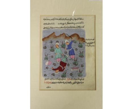 An Indian hand painted manuscript page, mounted but unframed.