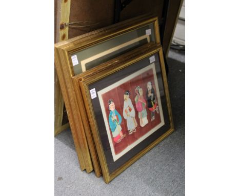 A set of three and two similar framed and glazed collages depicting Chinese figures.