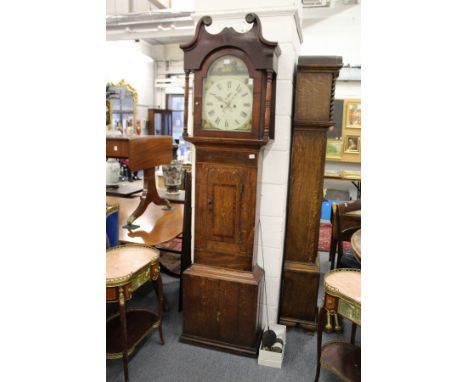 A 19th century oak and mahogany cased longcase clock with painted arch dial, signed Lomas, Sheffield Park.