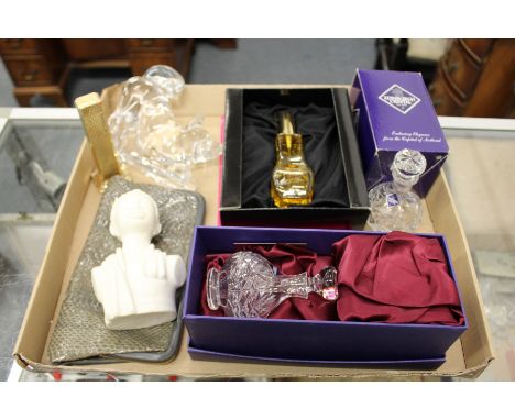 A moulded glass model of a fox, two cut glass Edinburgh Crystal scent bottles, a boxed bottle of perfume, evening purse, tabl