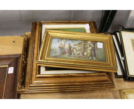 A small oil on panel depicting three figures on a balcony together with two other paintings.