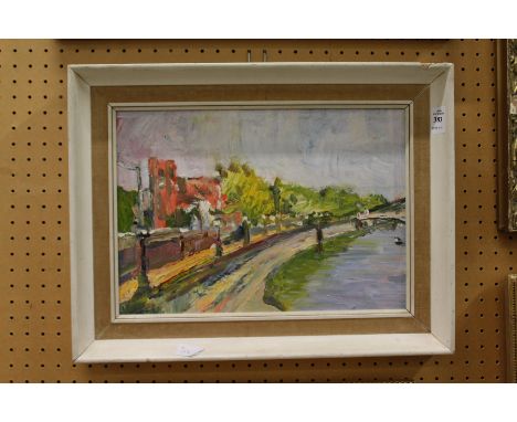 A river scene with figures on a path, 20th century oil on board.