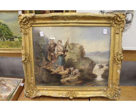 19th century English school "Highland Scene with Figures on a Bridge with a Dog" in a decorative gilt frame.