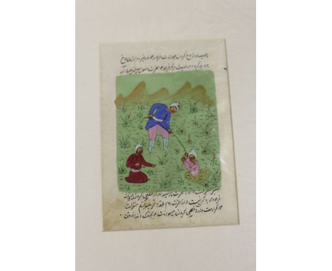 An Indian hand painted manuscript page, mounted but unframed.