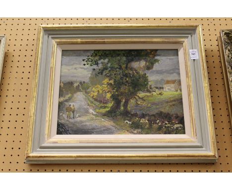 Figures on a Country Path with a Dog oil on board.