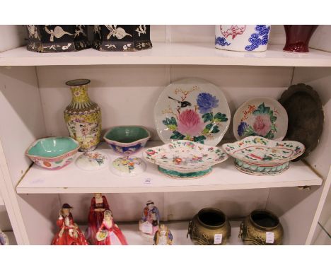 A quantity of Chinese porcelain, an enamel vase and a small metal dish, possibly Paktong.