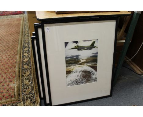 A jet fighter colour print and four similar.