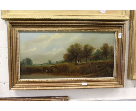 A 19th century rural landscape with figures by a pond, oil on canvas.