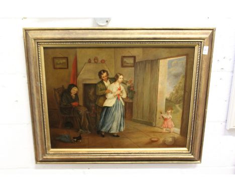 19th century English school "Figures in a Cottage Interior" oil on canvas.