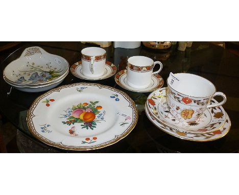 Royal Crown Derby trio, two similar coffee cans with saucers, a Royal Worcester "Gloucester Fruit" and a pair of Spode "Staff