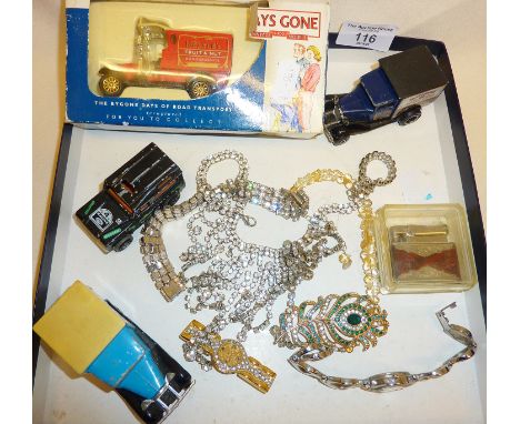 Lledo and Matchbox diecast cars, vintage Ibelo Monopol lighter and costume jewellery