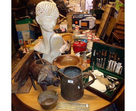 Miscellaneous items, inc. shop display mannequin head and torso, old copper jug and plate, driftwood sculpture and canteen of