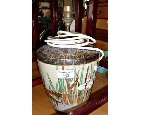 Finely handpainted Japanese pottery lamp base decorated with Irises (A/F) 