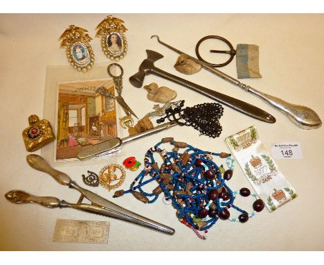 Assorted items, inc. costume jewellery, two portrait miniature brooches by Florenza, RAF sweetheart brooch, etc. 