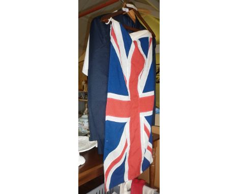 Vintage military uniform: Army blazer with Royal Corps of Signals badge and buttons, regimental ties and a Union Jack flag 