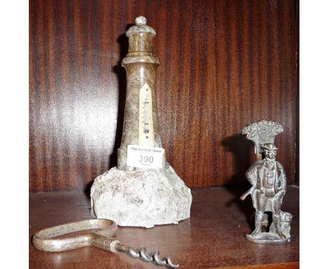 Carved Serpentine lighthouse thermometer, John Bull door knocker and a corkscrew 