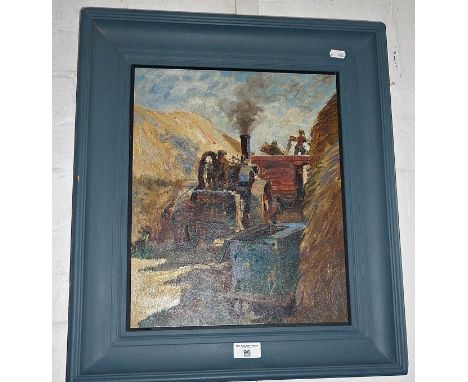 Frank EASTMAN oil on board of a farm scene with traction engine with threshing machine, 21" x 18" inc. frame